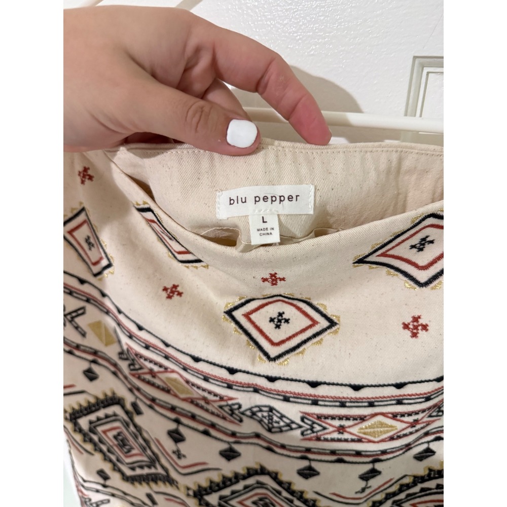 Blu Pepper Women Cream Embroidered Geometric Tribal Mini Skirt Large Boho Canvas - Picture 4 of 4